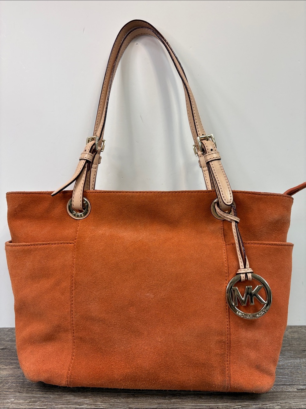 Michael Kors Burnt Orange Suede Tote Bag | Leather Shoulder Bag Gold Logo Charm